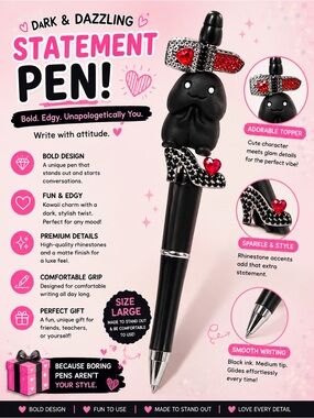 Funny gag gift Hand Crafted Black Pen Topper with Red Rhinestones
